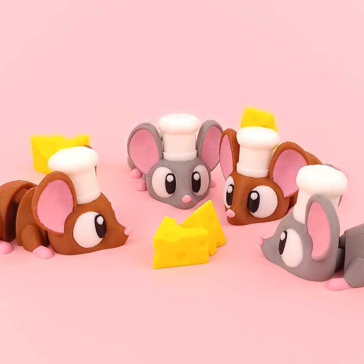 Chef Mouse and Cheese Articulated Brown Mouse with Chef Hat Front View – Wigglix