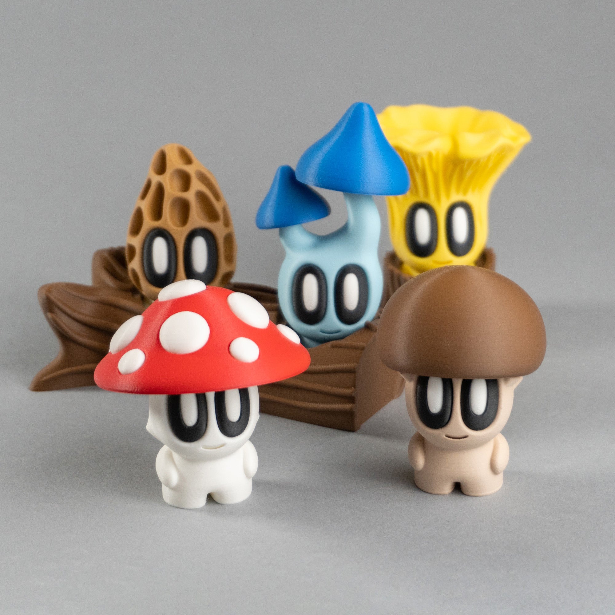 Mushroom Buddies with Log – Whimsical Forest Collectibles