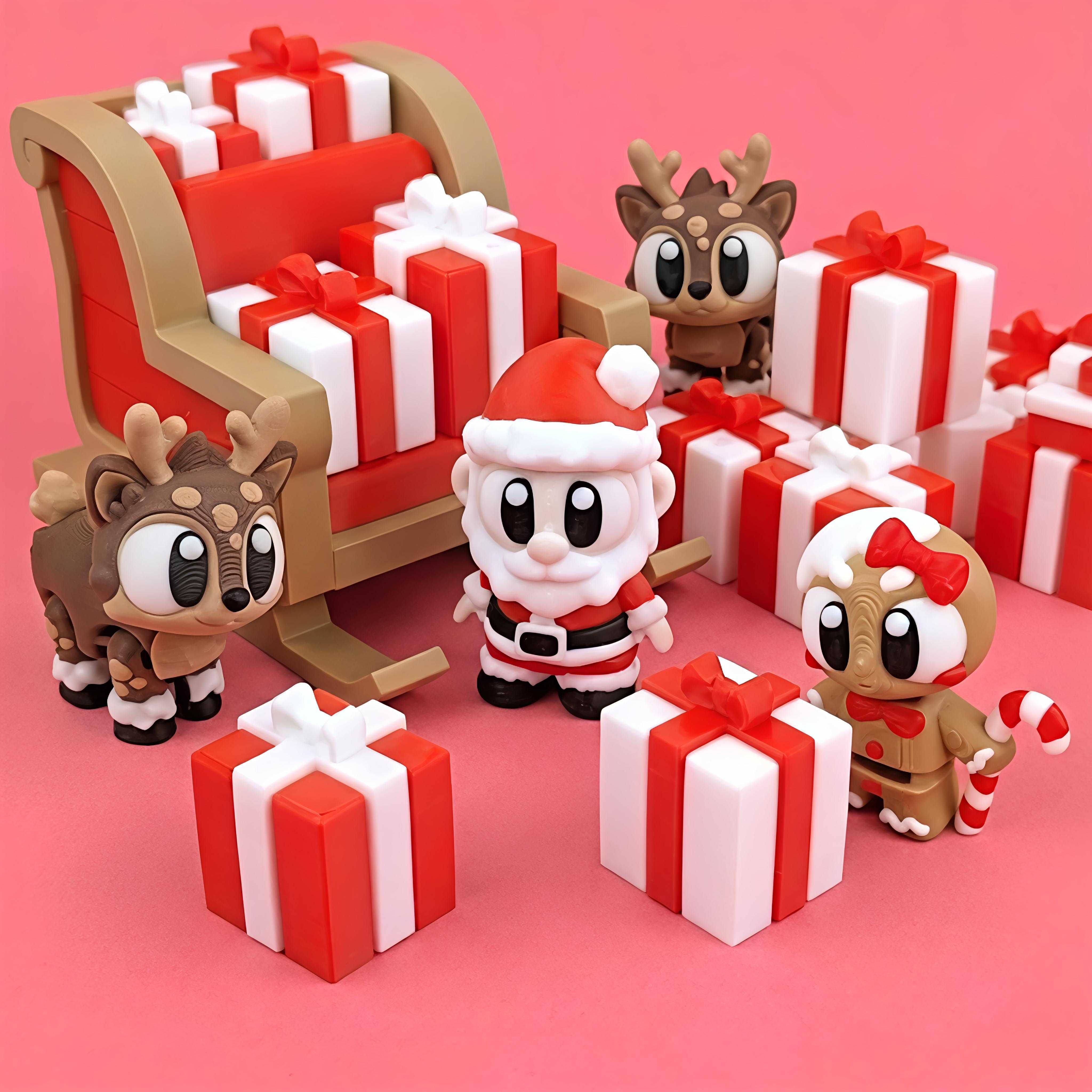 Santa’s Festive Cart Bundle – Articulated Holiday Collectible Set (Santa + Cart + 2 Reindeers + 4 Gift Boxes + Gingerbread Man)