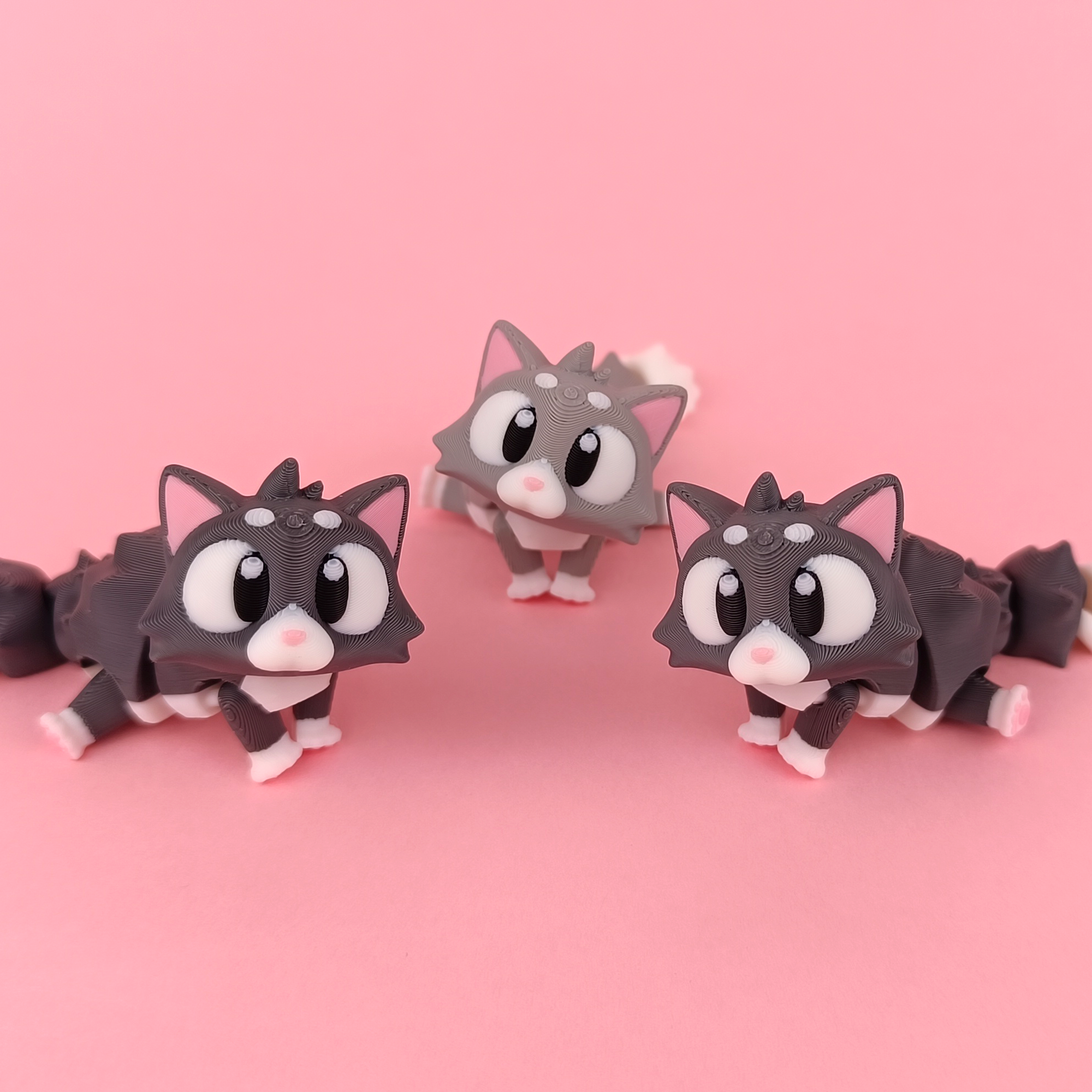 Flexi Kitten 3D Printed Collectible Front View Trio – Wigglix