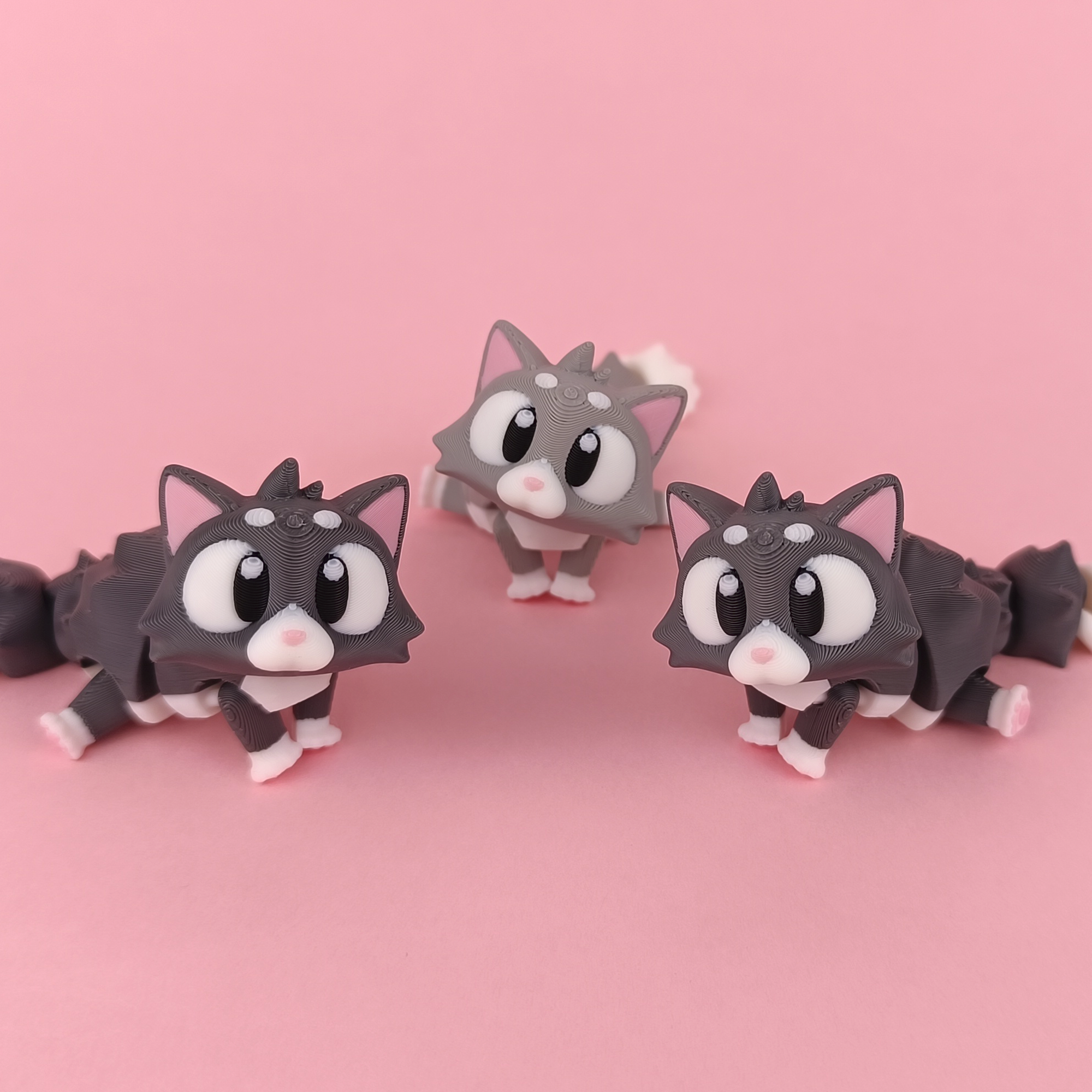 Flexi Kitten 3D Printed Collectible Front View Trio – Wigglix